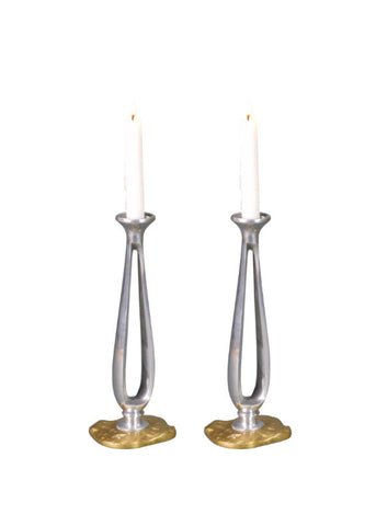 A Pair of French Pewter and Brass Candlesticks